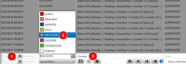 Event log filter controls