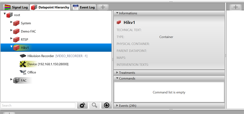 Physical containers visible in the Datapoint Hierarchy — System, Demo FAC, Hikv1, and RTSP each represent one connected control panel