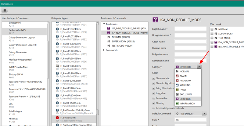 Category dropdown in the treatment editor showing all available categories