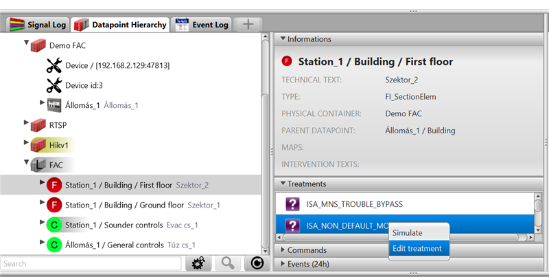 Right-click on a treatment row in the Datapoint Hierarchy — shows Edit treatment and Simulate options
